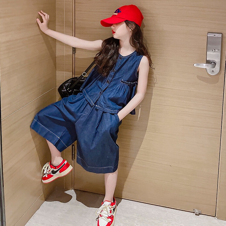 Bộ Đồ Áo Thun Không Tay Phối Quần Short Kiểu Hàn Quốc Thời Trang Mùa Hè Cho Bé Gái 10-11 Tuổi 12 Tuổi 13 14 Tuổi Từ 4 Tuổi 5 6 Tuổi 7 Tuổi 8 Tuổi