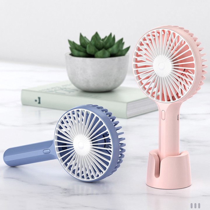 Quạt tích điện mini X3 cầm tay 3 cánh pin sạc có đế để bàn