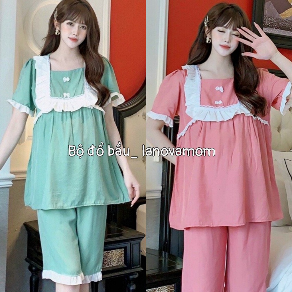 Đồ bộ bầu LỬNG ĐŨI phối ren TIỂU THƯ điệu đà mùa Hè có khóa ngực cho con bú sau sinh  BL860