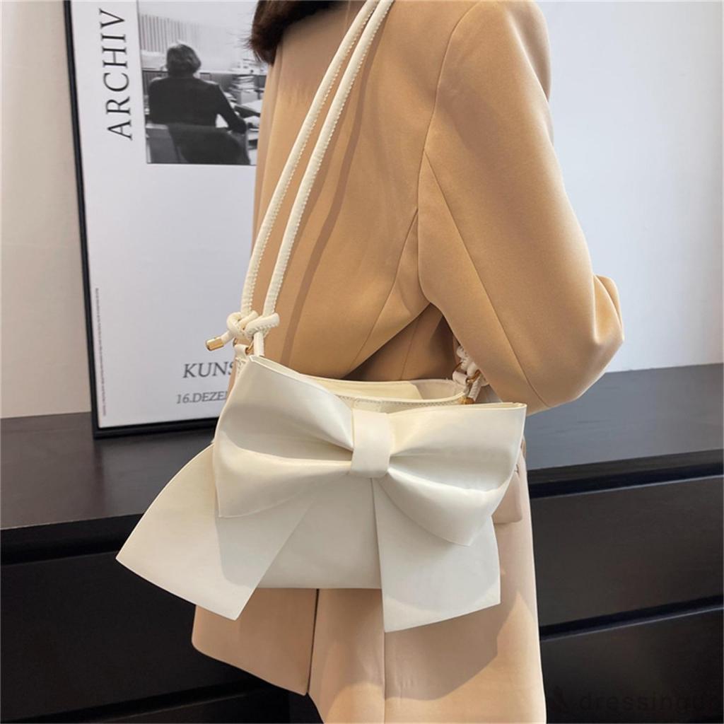 DRE-Female Shoulder Bag, Multipurpose Solid Color Bowknot Handbag Tote Bag for Women, White/Blue/Black
