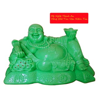 Tượng phật di lặc ngồi cầm vàng như ý đá poly xanh ngọc DLX42
