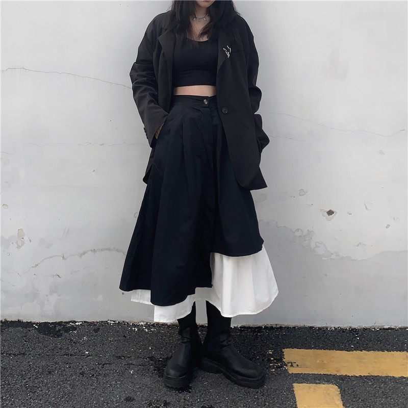 Chân Váy Dài Phối Lệch 2 Màu Đen Trắng, Dáng Ulzzang dài chất liệu đẹp CV009 | BigBuy360 - bigbuy360.vn