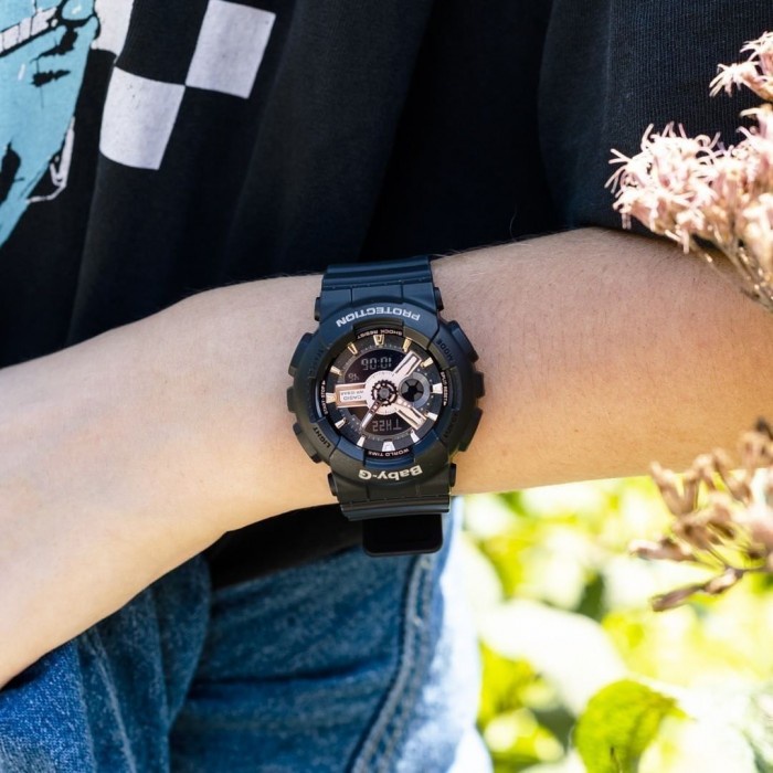 Đồng Hồ Nữ Casio Baby G BA-110 Mặt Vàng Hồng - Dây Nhựa Màu Đen - Bảo hành 12 tháng