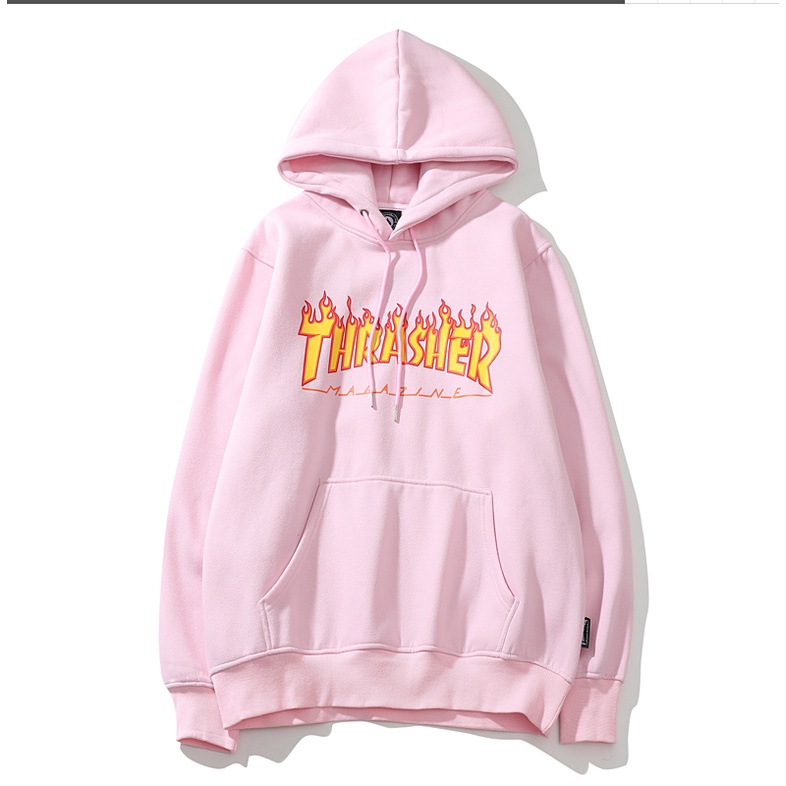 Áo hoodie tay dài dáng rộng in hình ngọn lửa Thrasher bằng cotton giản dị
