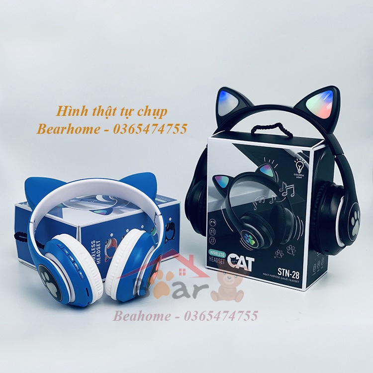 Tai Nghe Bluetooth Chụp Tai Có Sẵn Micro Và Tai Mèo Phát Sáng, Tai Nghe Mèo Không Dây Chơi Game, Headphone Gaming