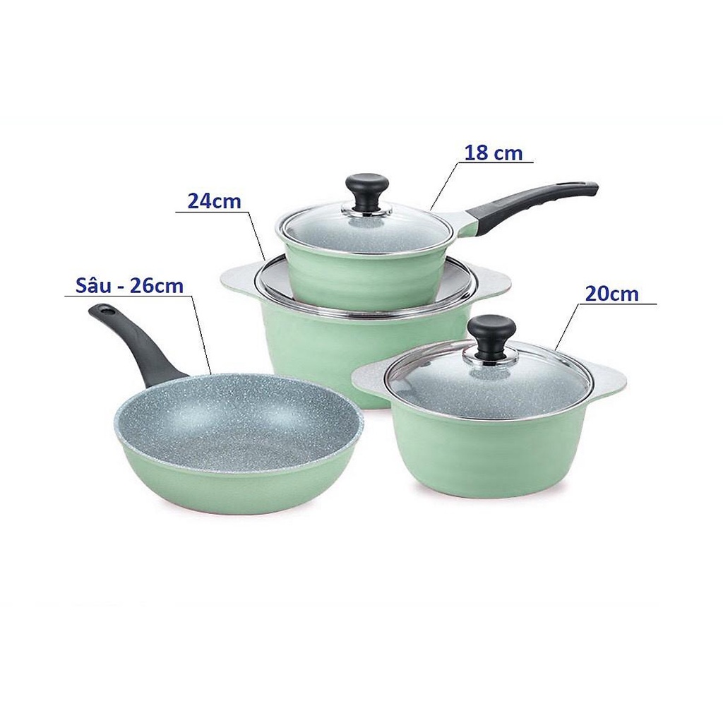 ECORAMIC-Bộ 4 nồi ceramic: nồi 1 tay cầm 18cm, Nồi 2 tay cầm 20-22-24cm +1 cặp nhấc nồi sillicon bếp ga điện