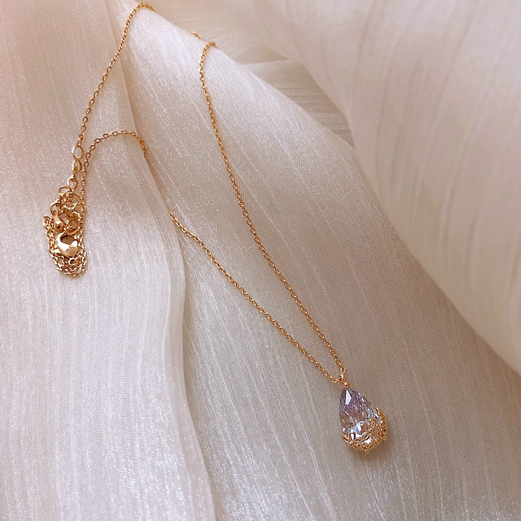 Dây Chuyền Mạ Vàng 14K Mặt Hình Giọt Nước Đính Đá Pha Lê Phong Cách Hàn Quốc Sang Trọng