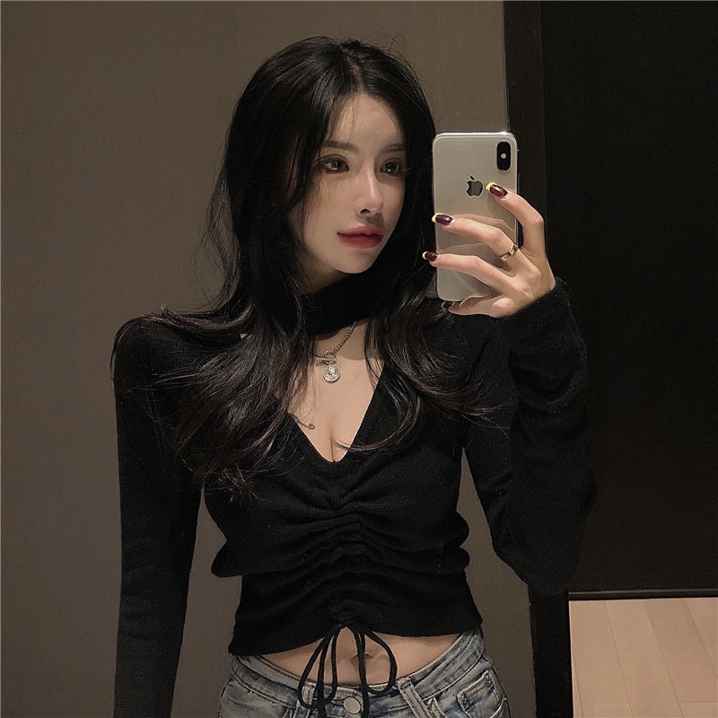 Áo croptop len dệt kim dây rút xanh Blue khoét cổ quyến rũ mẫu 2021 | BigBuy360 - bigbuy360.vn