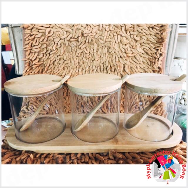(HÀNG ĐẸP) Set gia vị thuỷ tinh nắp gỗ