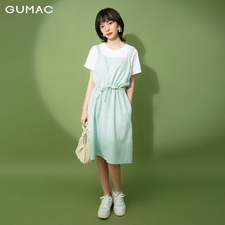 Đầm nữ xòe GUMAC thiết kế yếm dây rút màu xanh siêu năng động DB1124