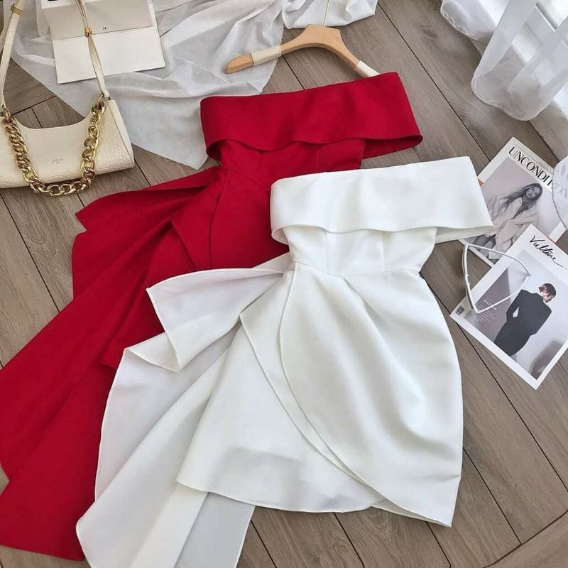 Áo đầm nụ hồng lệch vai