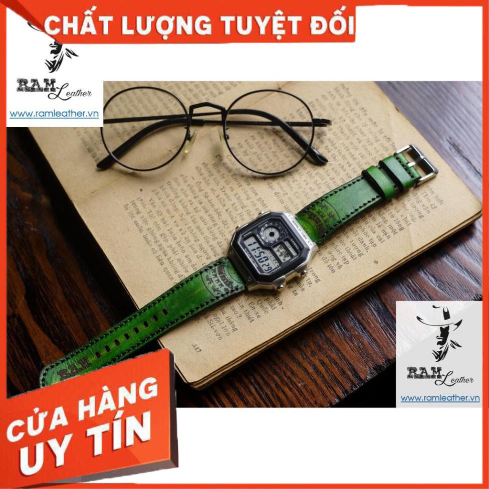 DÂY ĐỒNG HỒ DA BÒ THẬT - RAM TRỐNG ĐỒNG XANH LÁ - CASIO AE1200/SEIKO5 - RAM LEATHER -