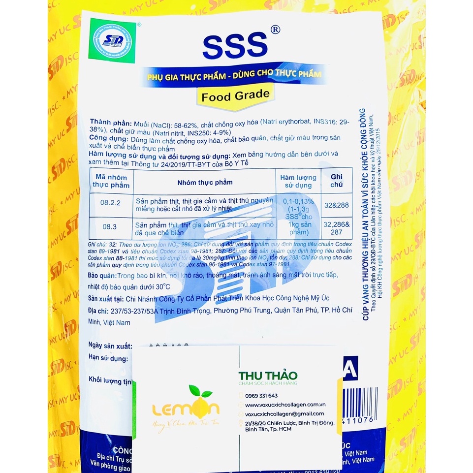 1Kg Muối đỏ SSS – Tạo màu đỏ hồng, chống xuống màu cho giò me, xúc xích, lạp xưởng, giò chả, pate, nem chua