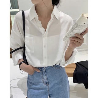 [Ảnh thật] Áo sơ mi trắng basic túi ngực oversize