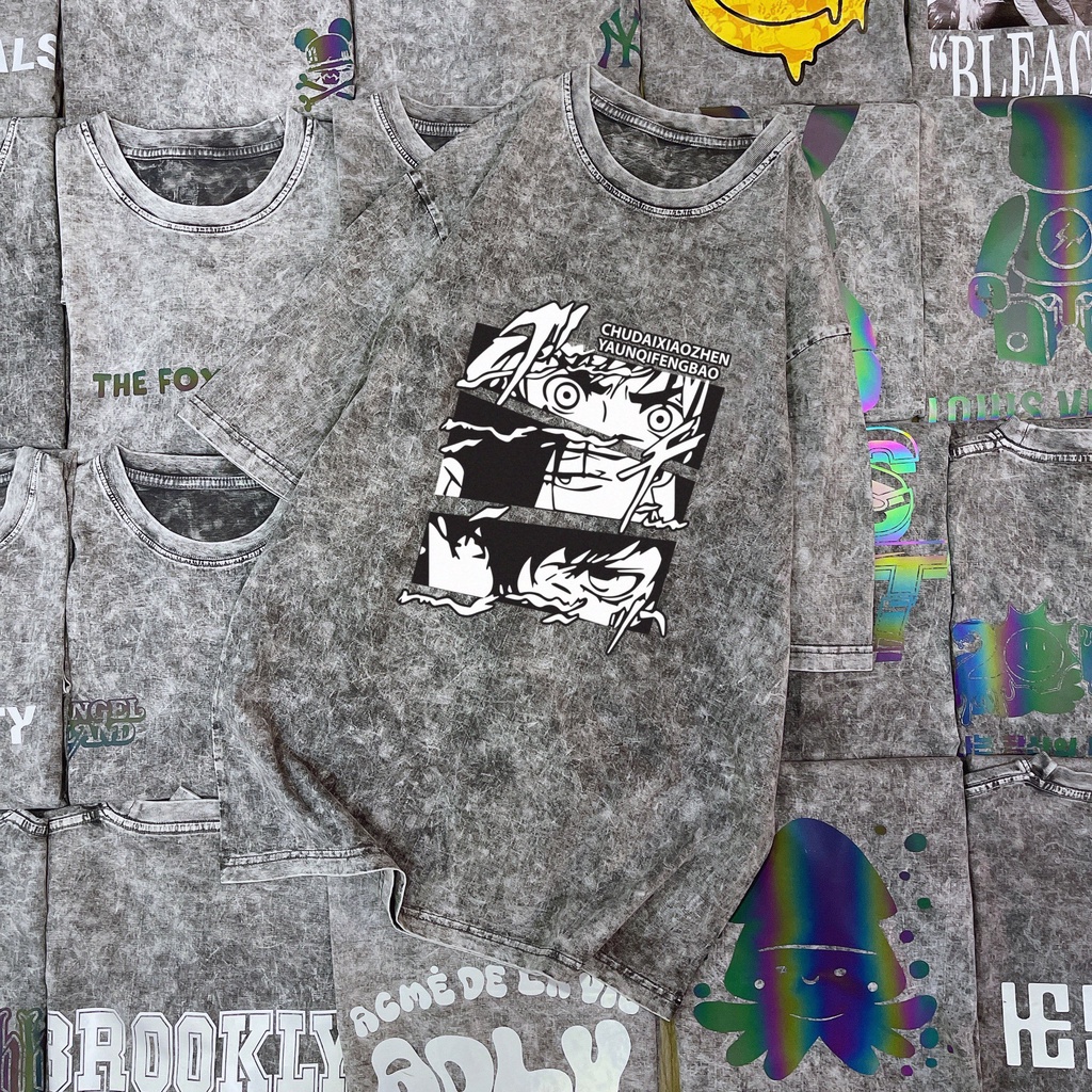 Áo Thun wash loang Nam Nữ  Áo Phông Unisex form rộng tay lỡ wash acid xám vải cotton in hình Anime hoạt hình