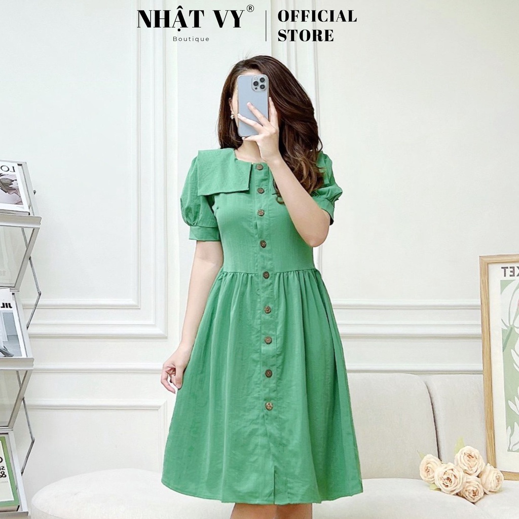 Đầm cổ tròn Nhật Vy tay phồng đính cúc dáng xoè chất lụa xước phù hợp cafe dạo phố đi chơi - D2464