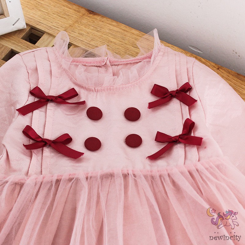 Váy Công Chúa Tay Dài Đính Nơ Đáng Yêu Cho Bé Gái