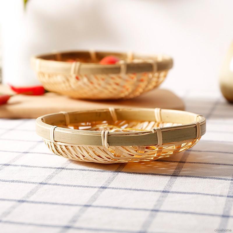 Handmade Weaving Bamboo Sieve Raft Round Dustpan DIY Decorative Fruit Bread Basket Kitchen Storage