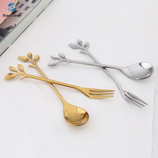 Bộ muỗng nĩa ăn tráng miệng bằng thép không gỉ có nắp hình chiếc lá