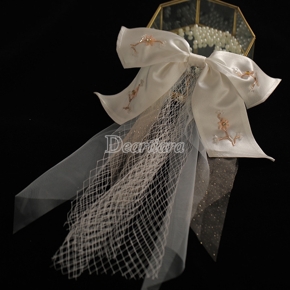 Phụ Kiện Cài Tóc Cô Dâu Phối Hoa Và Mạng Che Mặt Thêu Phong Cách Hàn Quốc