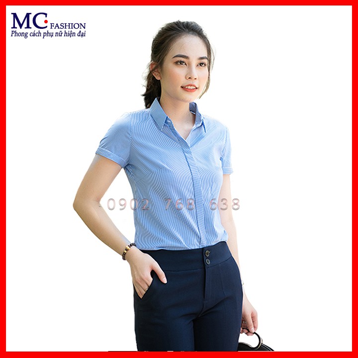 Áo sơ mi công sở nữ ngắn tay họa tiết kẻ tăm mc fashion a206