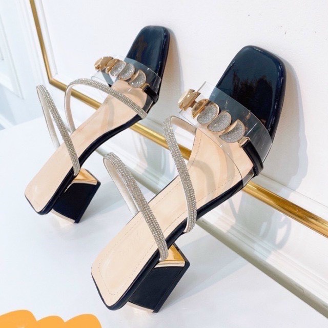 Sandal cao gót nữ đế vuông đính kim cương quai trong Thiên Hương VNXK BP9M35 Giày cao gót nữ sang chảnh tiểu thư đi tiệc