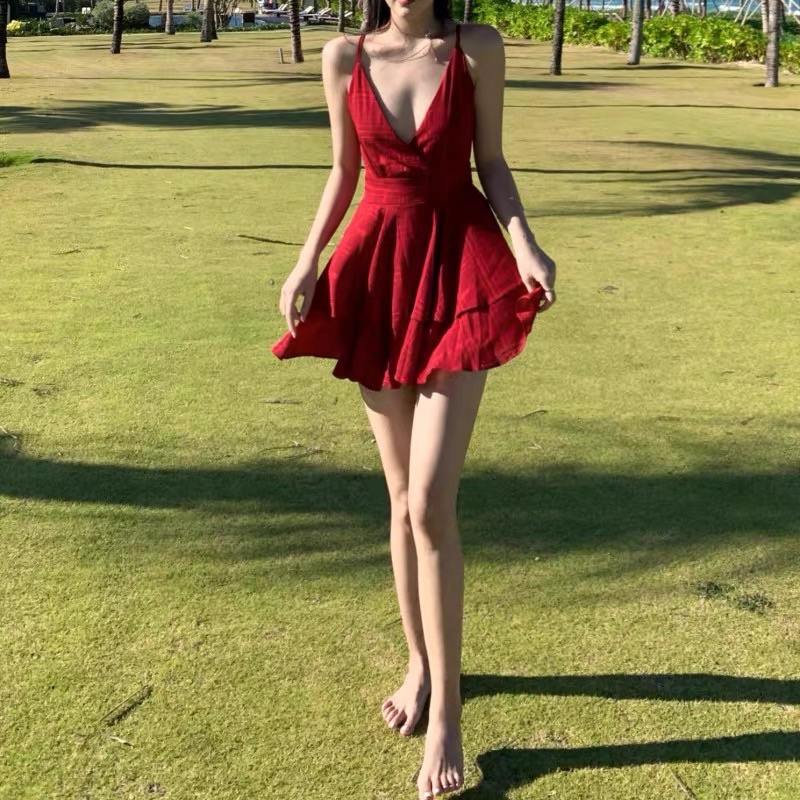 Váy Babydoll 2 dây caro trắng/ đỏ
