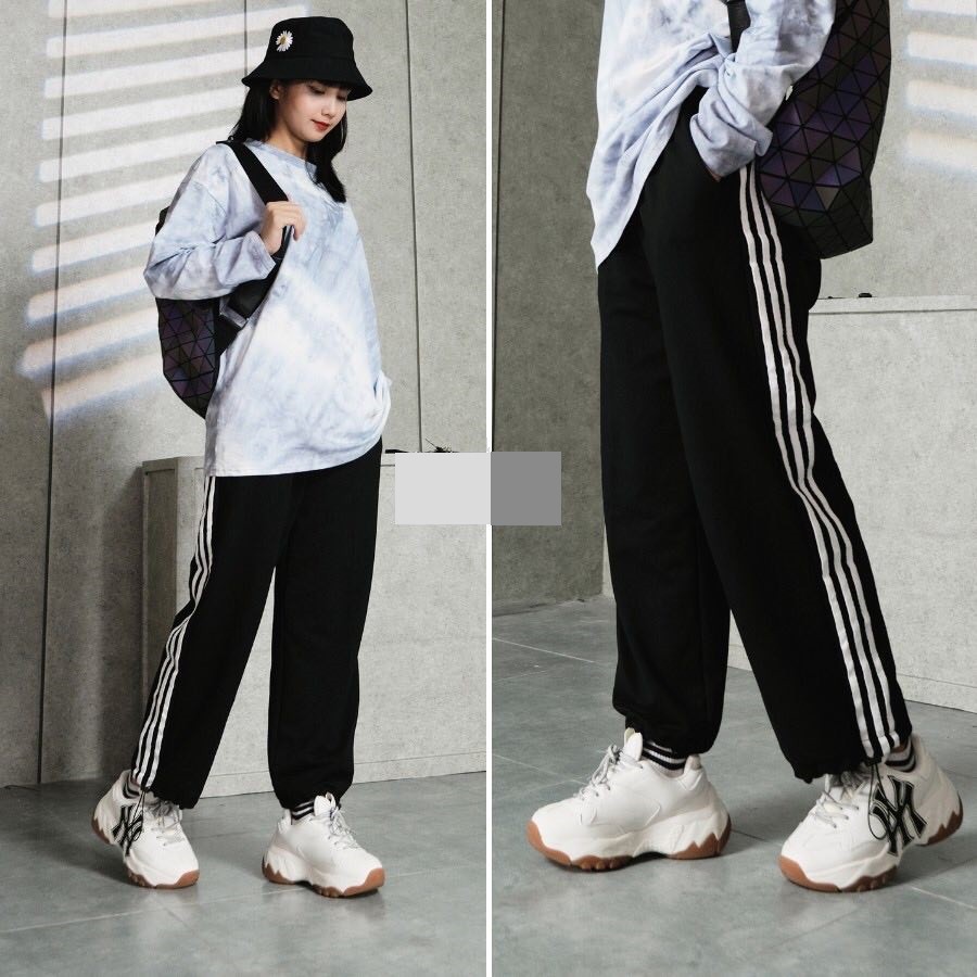 Quần Jogger thun Nam Nữ Unisex ống suông  quần dài ống rộng phối 3 sọc trắng, đen có dây rút mềm mịn, không nhăn