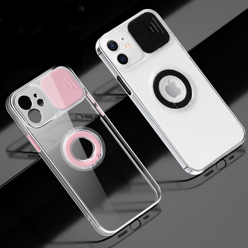 Ốp điện thoại trong suốt có giá đỡ có nắp trượt bảo vệ camera cho iPhone 12 mini 11 Pro XS Max XR X 8 7 Plus se 2020