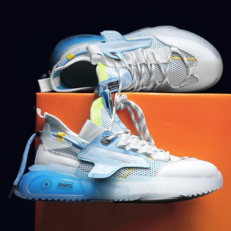 Giày thể thao nam 2022 new Flying knit upper Shock-absorbing sole Popcorn Transparent Sole Sneakers Casual Shoes Fashion Men's Shoes Breathable mesh