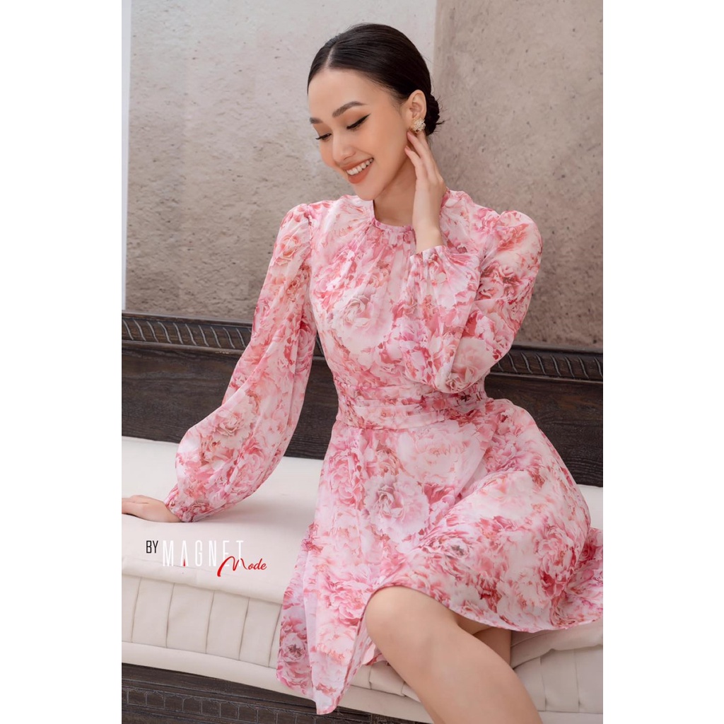 Rose Dress - Đầm hoa chât liệu tơ thời trang MAGNET thiết kế tay đèn lồng cổ trong xếp ly