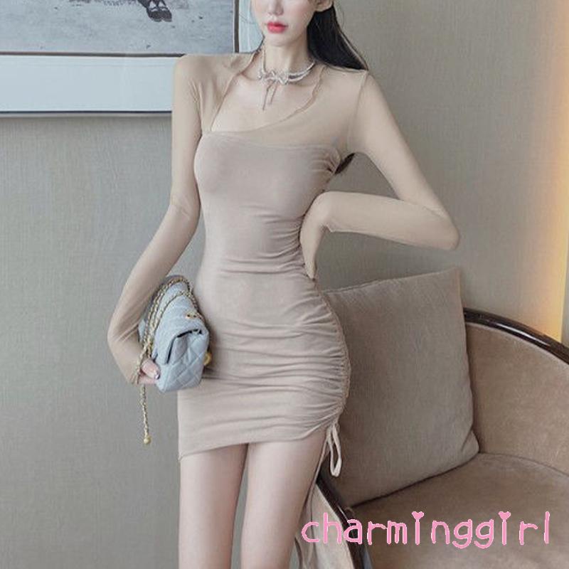 Đầm Tay Dài Phối Lưới Và Dây Rút Màu Sắc Trơn Thời Trang Mùa Hè Cho Nữ