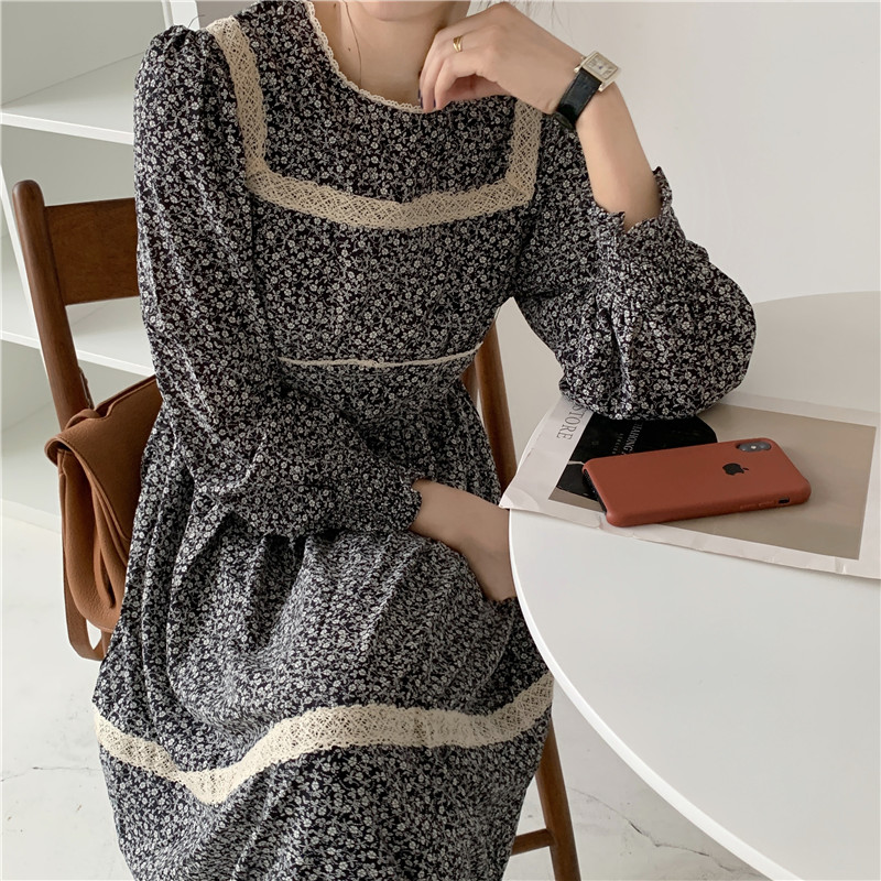 Đầm chiffon Peppermint 38705 tay dài cổ tròn in hoa phong cách retro độc đáo