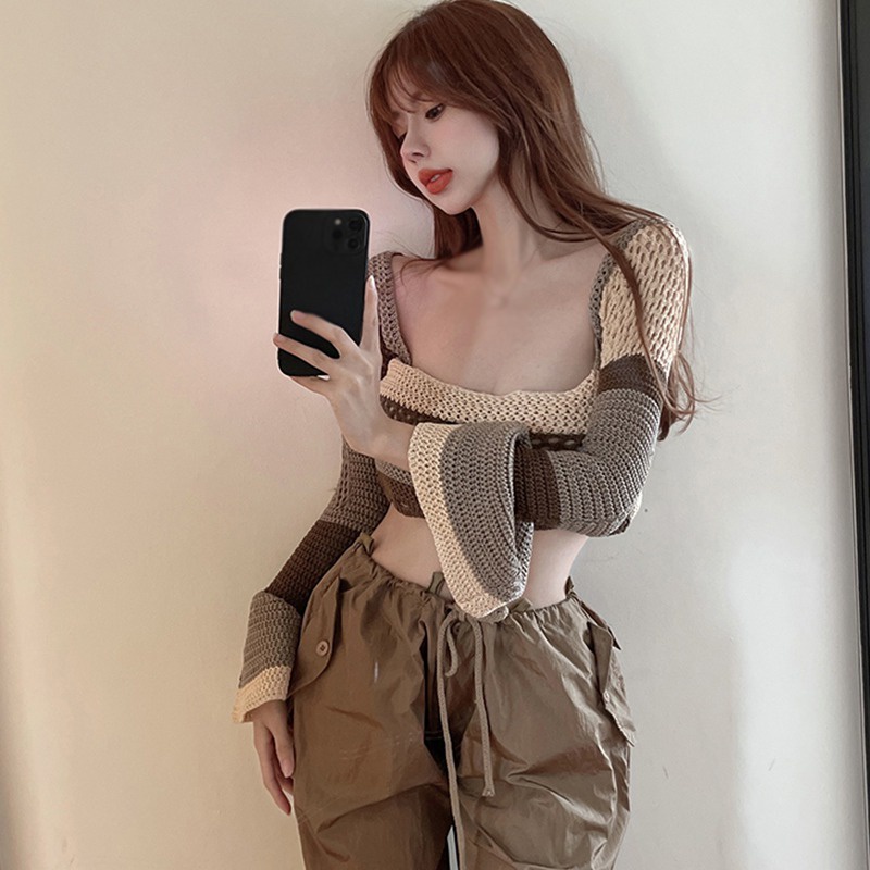 Áo Croptop Dệt Kim Tay Loe Dài Cổ Vuông Họa Tiết Kẻ Sọc Phong Cách Hàn Quốc Thời Trang Cho Nữ