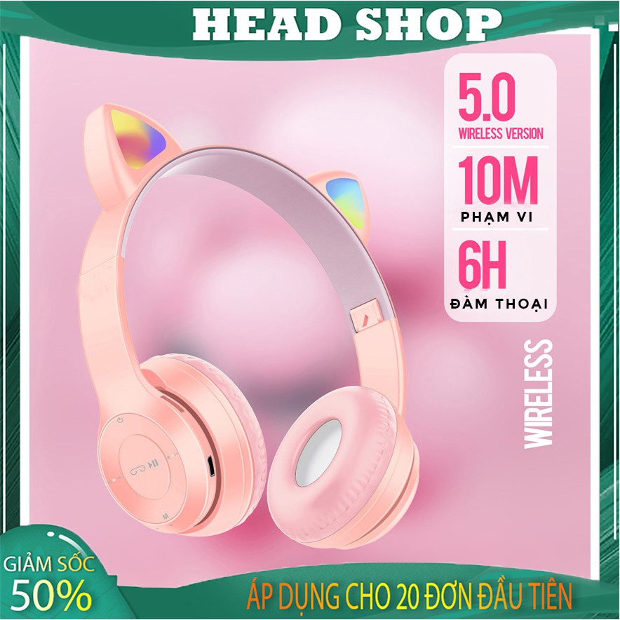 Tai Nghe mèo Bluetooth P47-M Chụp tai có Mic Headphone không dây Dễ Thương tai mèo nghe nhạc, chơi game HEADSHOP