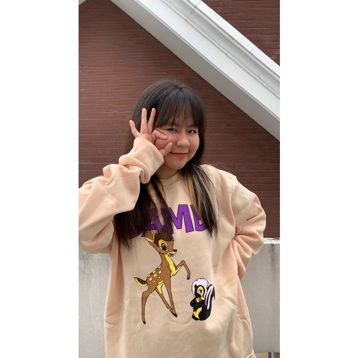 Áo Khoác Nỉ Không Nón From Rộng Style Hàn Quốc In Chữ BAMBII Con Nai Con Sóc Con
