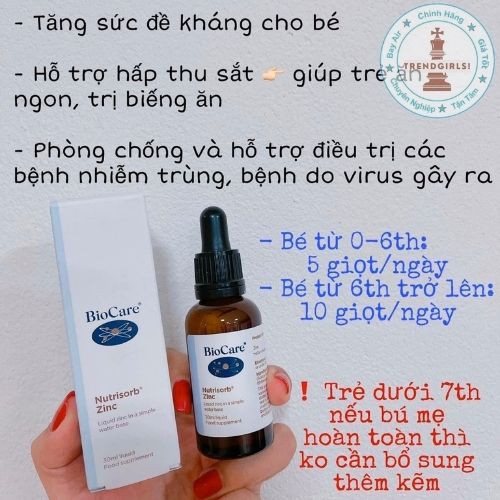 Kẽm nước BioCare Nutrisorb ZinC, Anh (30ml) tăng đề kháng cho trẻ sơ sinh từ 3 tháng cho bé biếng ăn- Trend girls online