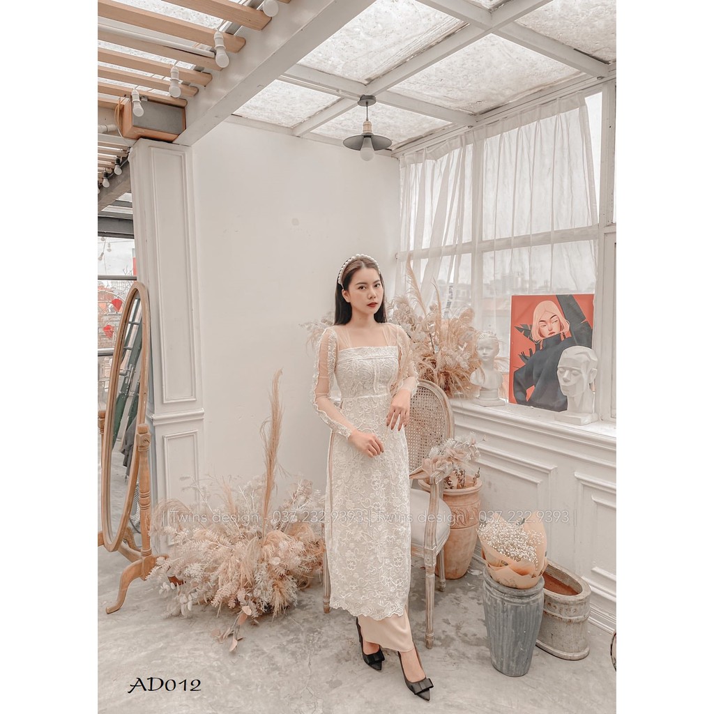 Áo dài dáng ôm KỀM QUẦN, áo dài TWINS STORE chất ren sợi nổi sang chảnh, màu Kem Be - AD012