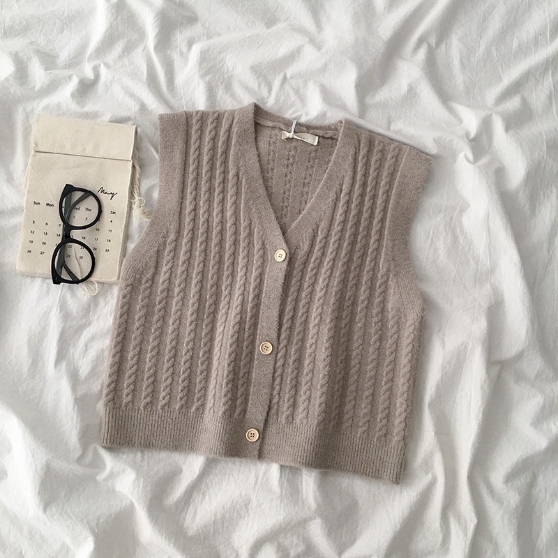 Áo Khoác Cardigan Không Tay Cổ Chữ V Màu Sắc Trơn Phong Cách Hàn Quốc Cho Nữ