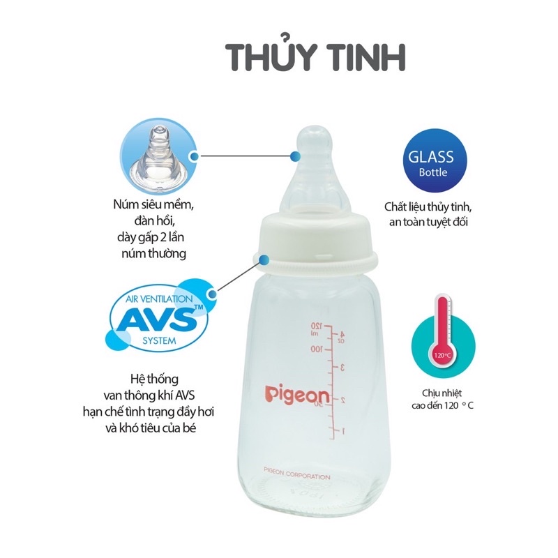 Bình sữa thuỷ tinh cổ hẹp Pigeon 120ml / 240ml