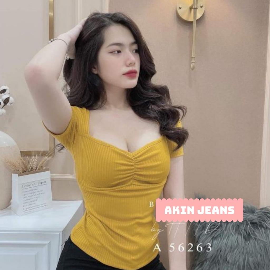 Áo Thun Nữ Dúm Ngực Ôm Body Siêu Tôn Dáng Tiểu Thư Chất Cotton Cổ Vuông Tay Ngắn Akin Jeans, APDN