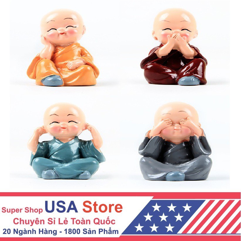 Bộ Tượng Chú Tiểu Hòa Thượng Tứ Không - Phật Phong Thủy Mini 4 Tư Thế, Trang Trí Xe Hơi, Để Bàn Làm Việc
