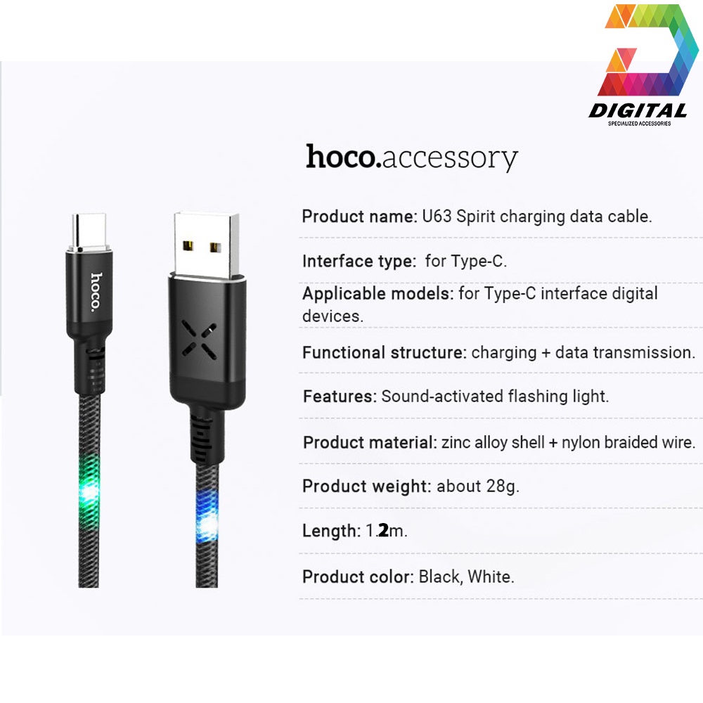 Cáp Sạc Nhanh Hoco U63 Cổng Type C Chính Hãng Phát Sáng Theo Nhạc