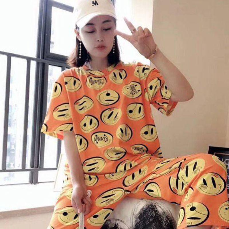 Bộ trang phục 3 mảnh họa tiết hoạt hình dáng rộng chất liệu lụa sữa mặc ở nhà