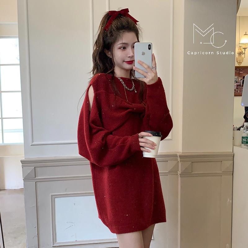 Áo len dài mùa thu đông thiết kế kiểu Pháp với nơ quây xinh xắn, khoét vai sexy