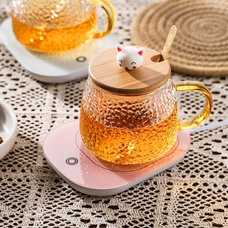 cốc thủy tinh chịu nhiệt tự động coaster làm nóng hoa Teacup Sữa Thông Minh Quà Tặng Tết