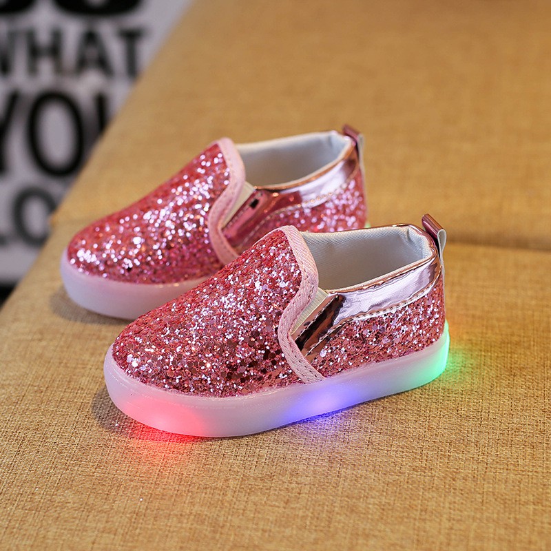 Boy White Led Shoes Fashion Bling Bling Flat Rubber Shoes Kids Baby Girl Gold Sequin Shoe Size 21-30