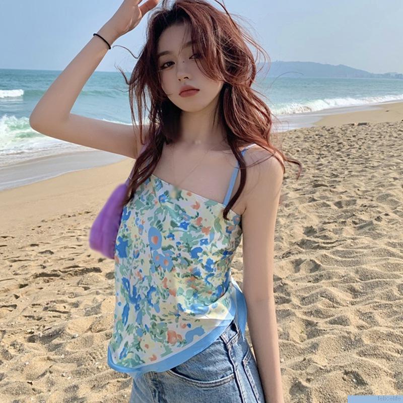 Áo Croptop Hai Dây Hở Lưng Thắt Nơ In Họa Tiết Thời Trang Quyến Rũ Cho Nữ