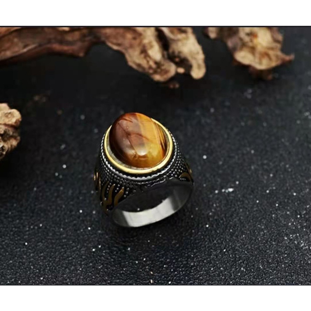 Nhẫn kim loại đính đá mắt hổ nhân tạo phong cách Âu Mỹ mới sang trọng cho nam và nữ