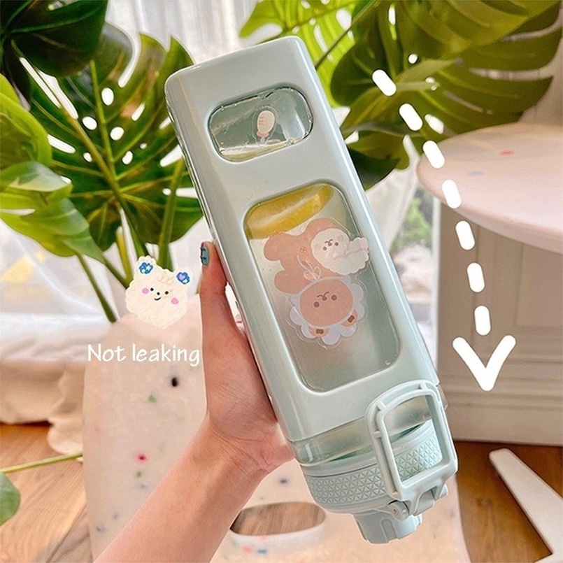 700Ml/900Ml Bình nước nhựa có ống hút Hàn quốc Vuông Gấu Chai Nước Công Suất Lớn Sinh Viên Chai Xách Tay Chai Với Rơm Rơm Nhựa Nước Chai BPA Miễn